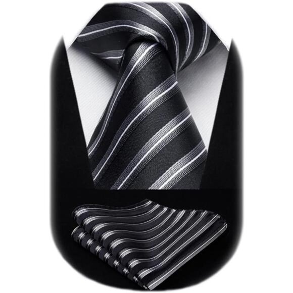 Stripe Tie Mens Ties with Pocket Square Set Classic 3.4'' Silk Formal Necktie - Picture 7 of 7